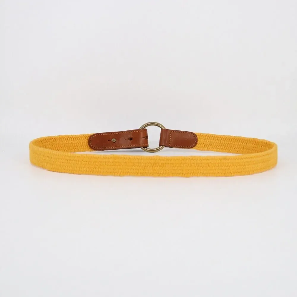 Linea Pelle Belt Medium Orange Gold Jute Stretch Leather Trim Brass Ring Tab